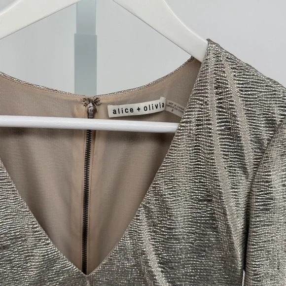 Alice + Olivia Judy Metallic Grey Gold V-Neck Wrap Mini Dress - Picture 4 of 7